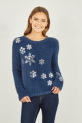 Mela Navy Sequin Snowflake Fluffy Jumper - QHA UK