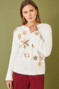 Yumi Ivory Sequin Snowflake Fluffy Jumper - QHA UK