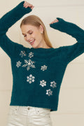 Yumi Teal Sequin Snowflake Fluffy Jumper - QHA UK