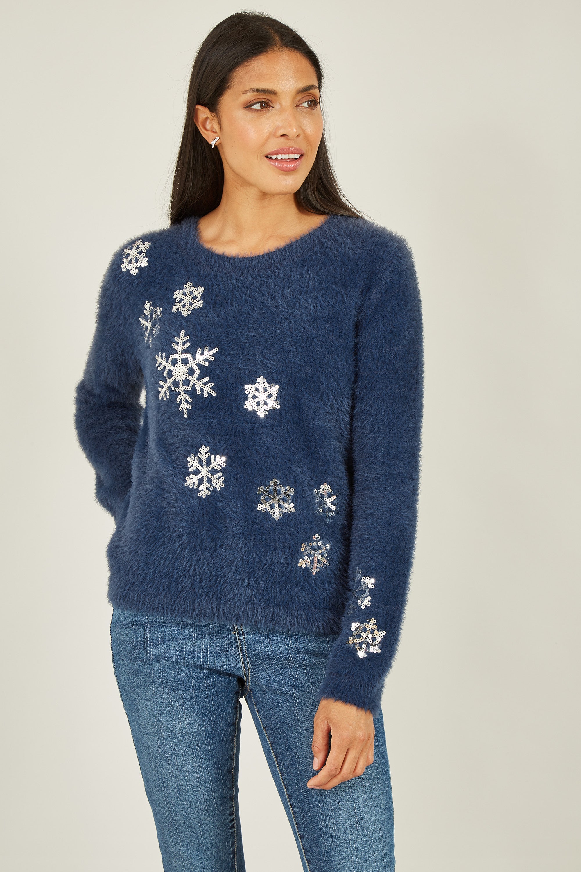 Yumi Navy Sequin Snowflake Fluffy Jumper - QHA UK
