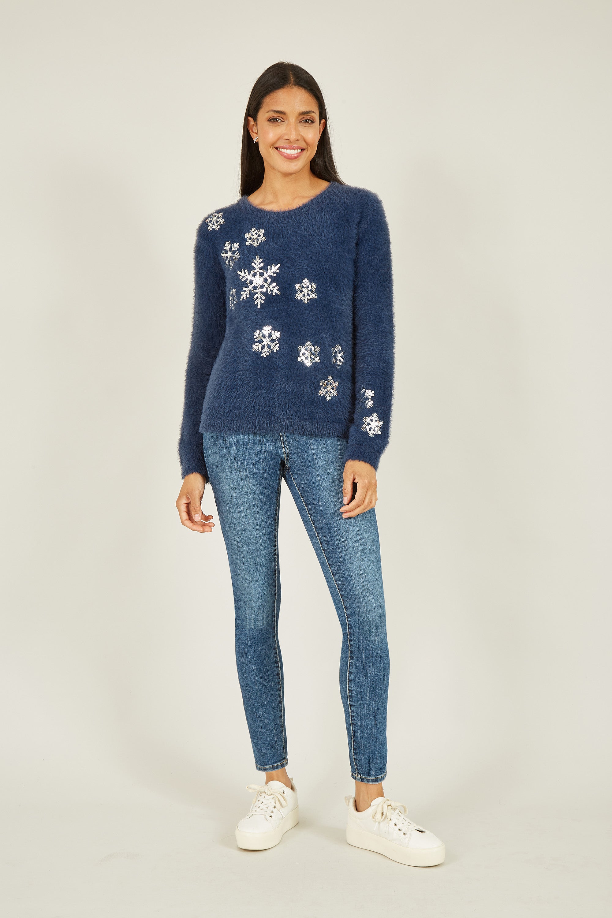 Yumi Navy Sequin Snowflake Fluffy Jumper - QHA UK
