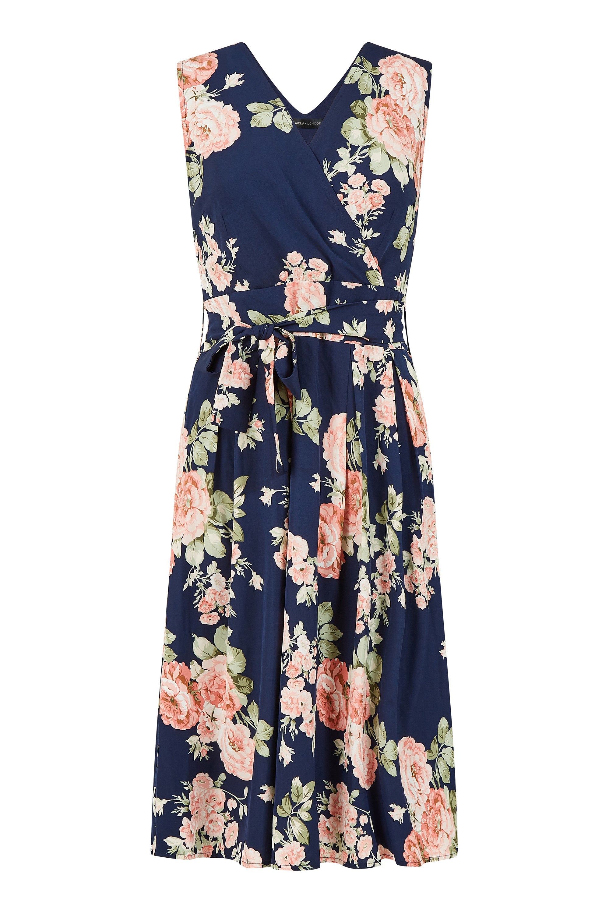 Yumi Navy Rose Printed Wrap Over Sleeveless Skater Dress - QHA UK