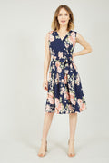 Yumi Navy Rose Printed Wrap Over Sleeveless Skater Dress - QHA UK