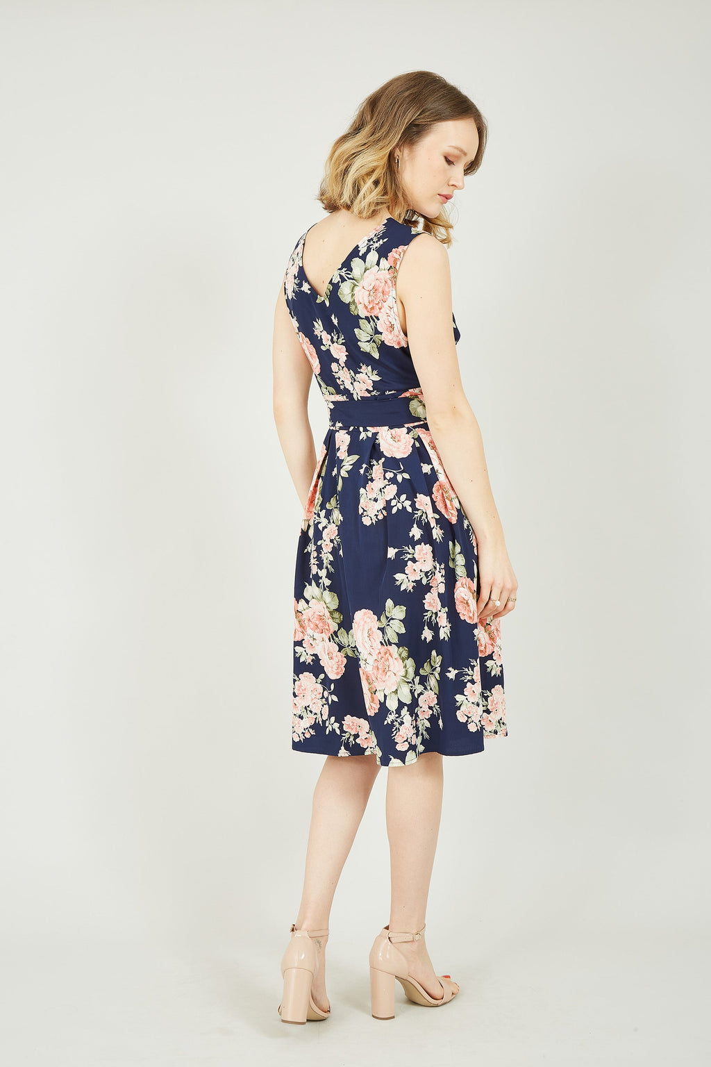 Yumi Navy Rose Printed Wrap Over Sleeveless Skater Dress - QHA UK