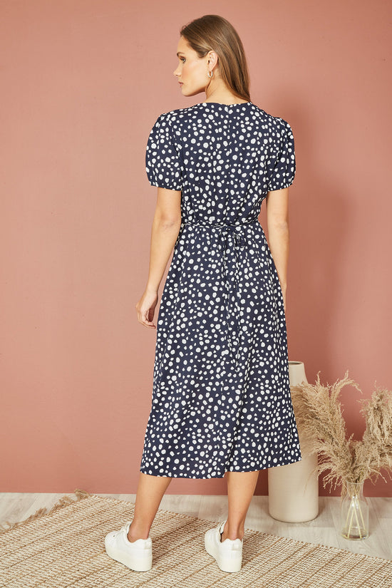 Yumi Navy Spot Midi Tea Dress - QHA UK