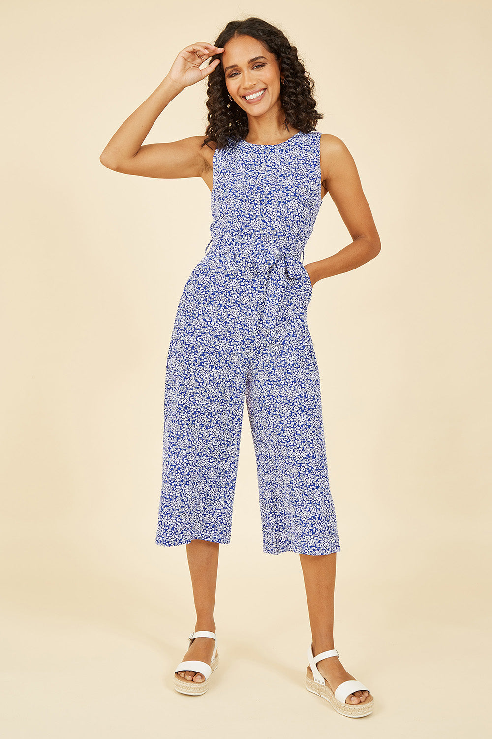 Mela Blue Ditsy Floral Print Culotte Jumpsuit - QHA UK