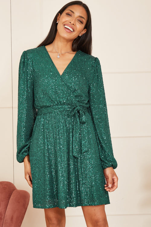 Mela Green Sequin Belted Wrap Long Sleeve Dress - QHA UK