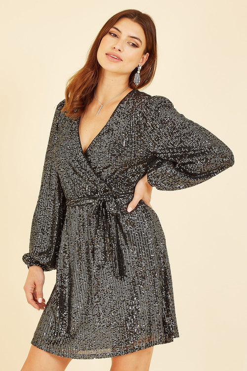 Mela Black Sequin Belted Wrap Long Sleeve Dress - QHA UK