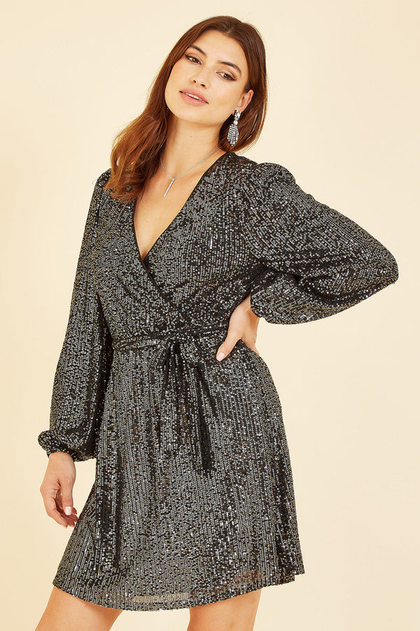 Mela Black Sequin Belted Wrap Long Sleeve Dress - QHA UK