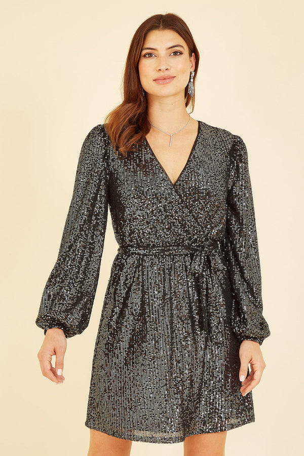 Mela Black Sequin Belted Wrap Long Sleeve Dress - QHA UK
