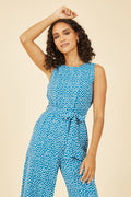 Yumi Teal Ditsy Daisy Sleeveless Culotte Jumpsuit - QHA UK