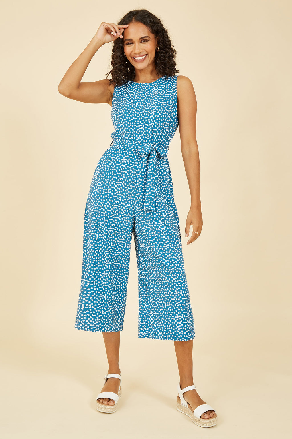 Yumi Teal Ditsy Daisy Sleeveless Culotte Jumpsuit - QHA UK