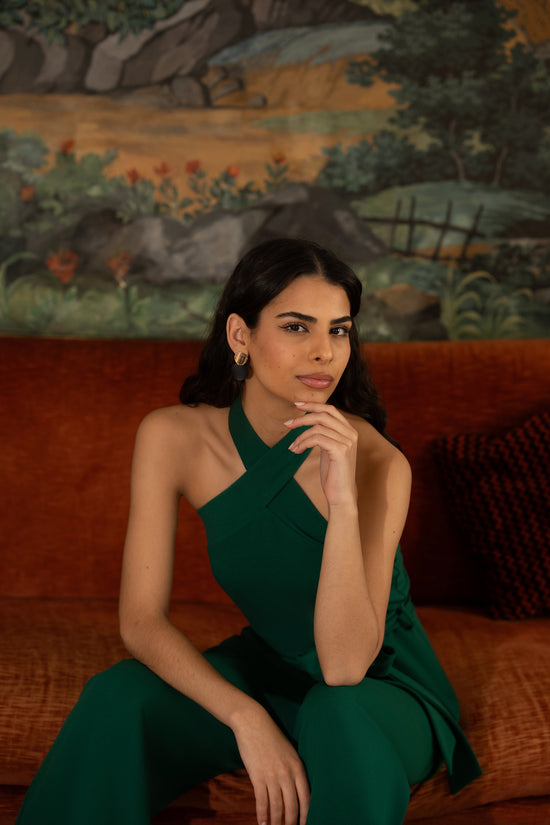 Yumi Green Cross Over Halter Neck Jumpsuit - QHA UK