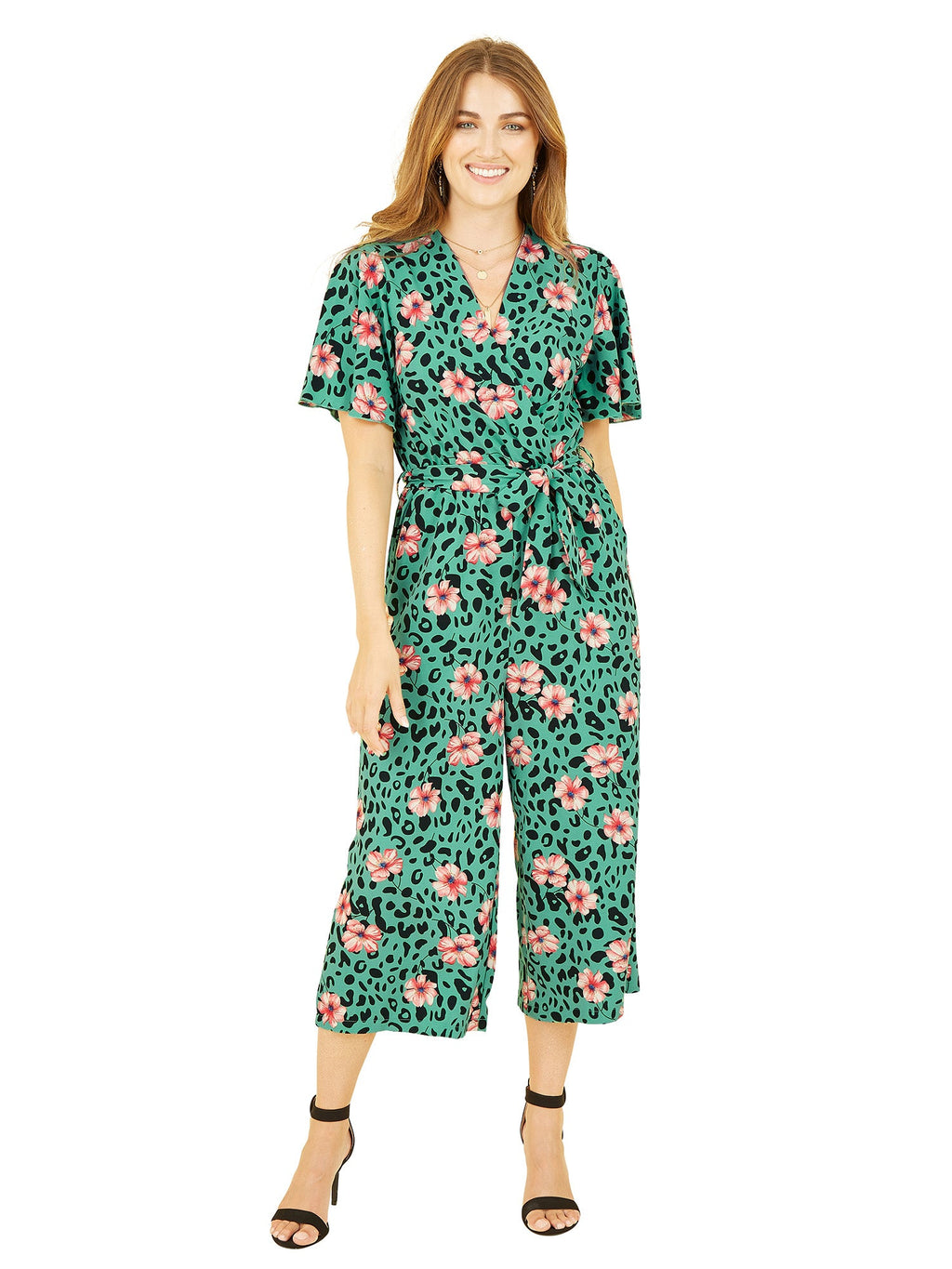 Mela Green Animal Print Jumpsuit With Angel Sleeves - QHA UK