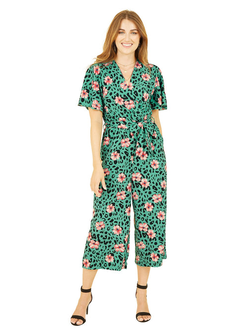 Mela Green Animal Print Jumpsuit With Angel Sleeves - QHA UK