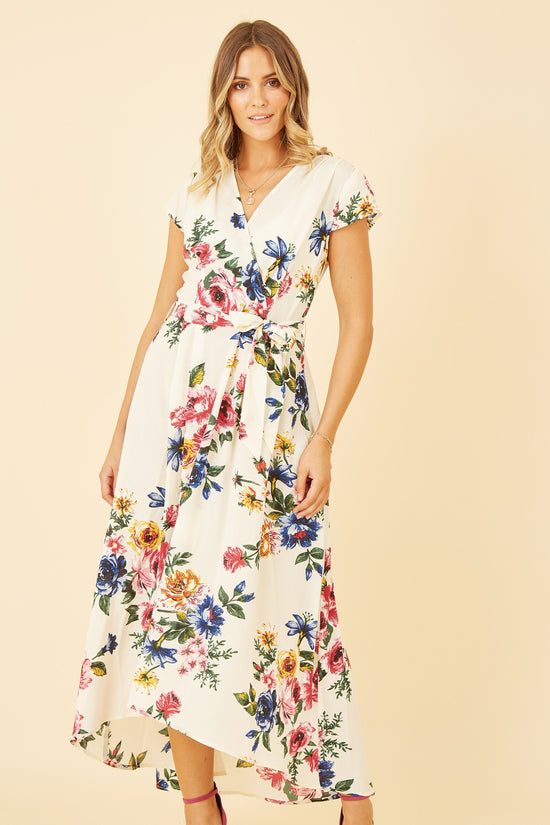 Yumi Ivory Floral Wrap Dip Hem Dress - QHA UK