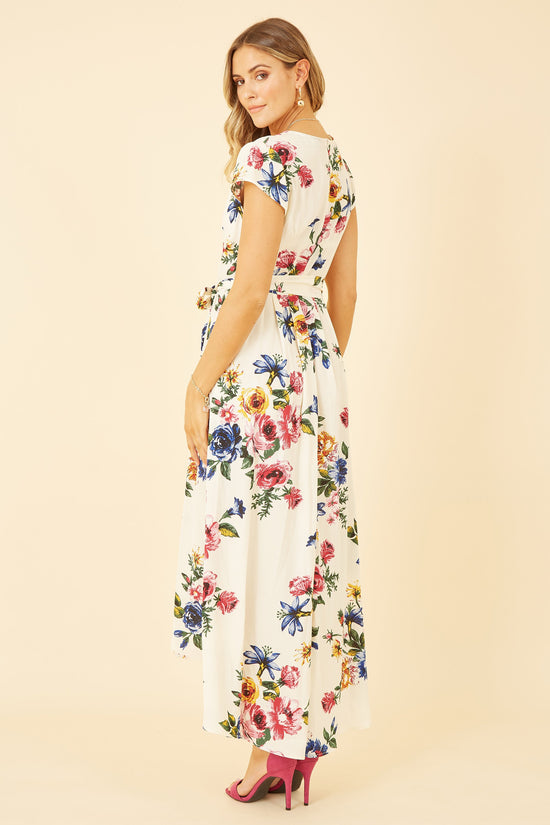 Yumi Ivory Floral Wrap Dip Hem Dress - QHA UK