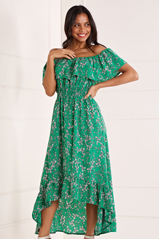 Yumi Green Bardot Asymmetric Maxi Dress - QHA UK
