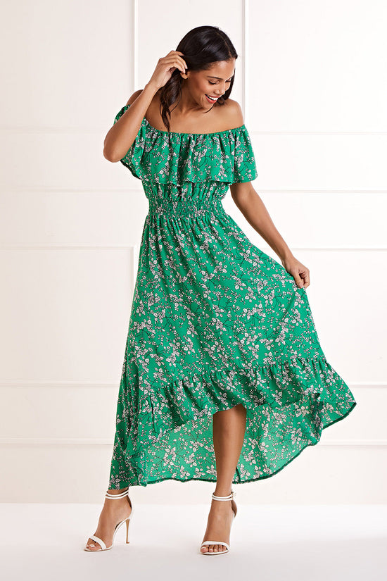 Yumi Green Bardot Asymmetric Maxi Dress - QHA UK