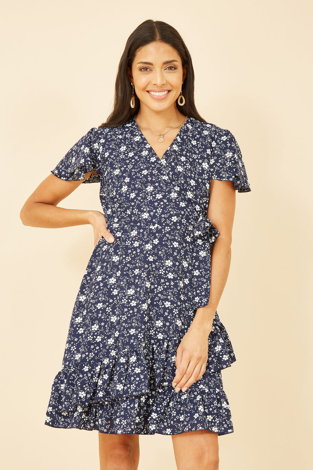 Yumi Navy Ditsy Floral Wrap Frill Dress - QHA UK