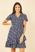 Yumi Navy Ditsy Floral Wrap Frill Dress - QHA UK
