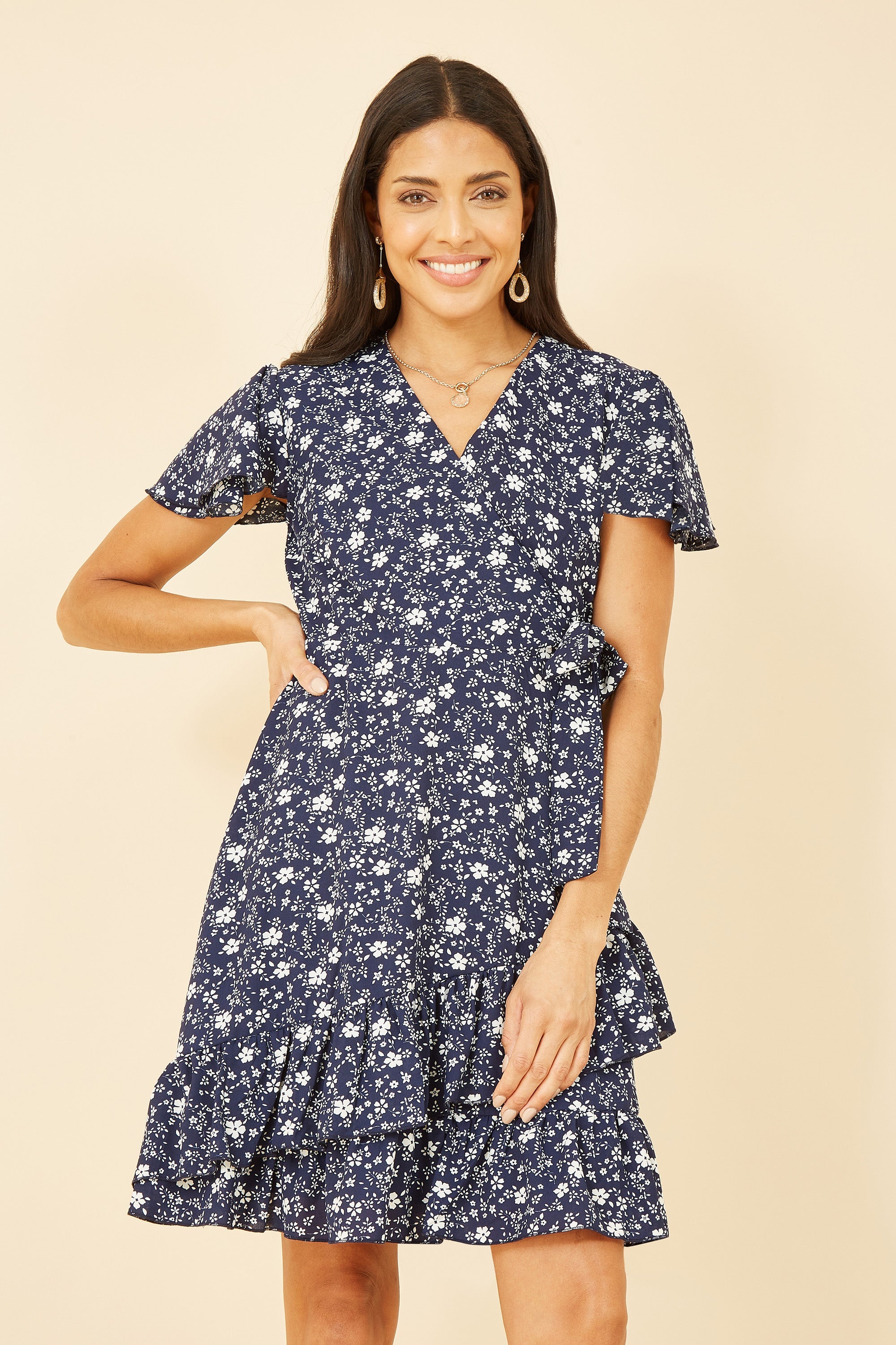 Yumi Navy Ditsy Floral Wrap Frill Dress - QHA UK