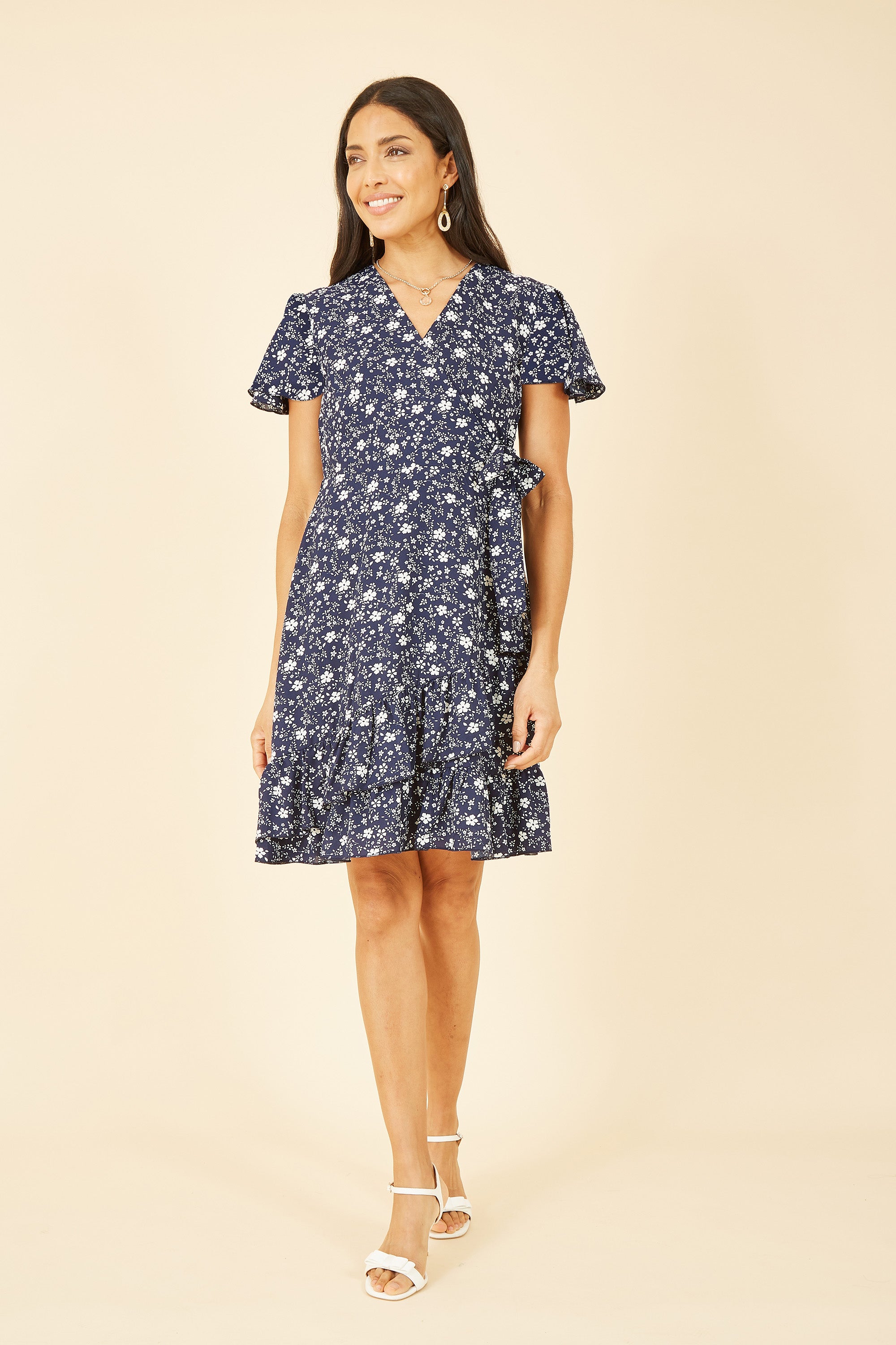 Yumi Navy Ditsy Floral Wrap Frill Dress - QHA UK