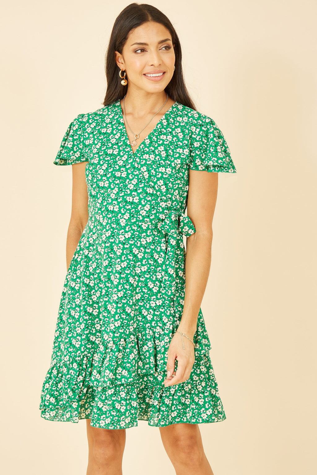 Mela London Green Ditsy Floral Wrap Dress Frill Hem Tea Summer UK (6-28)