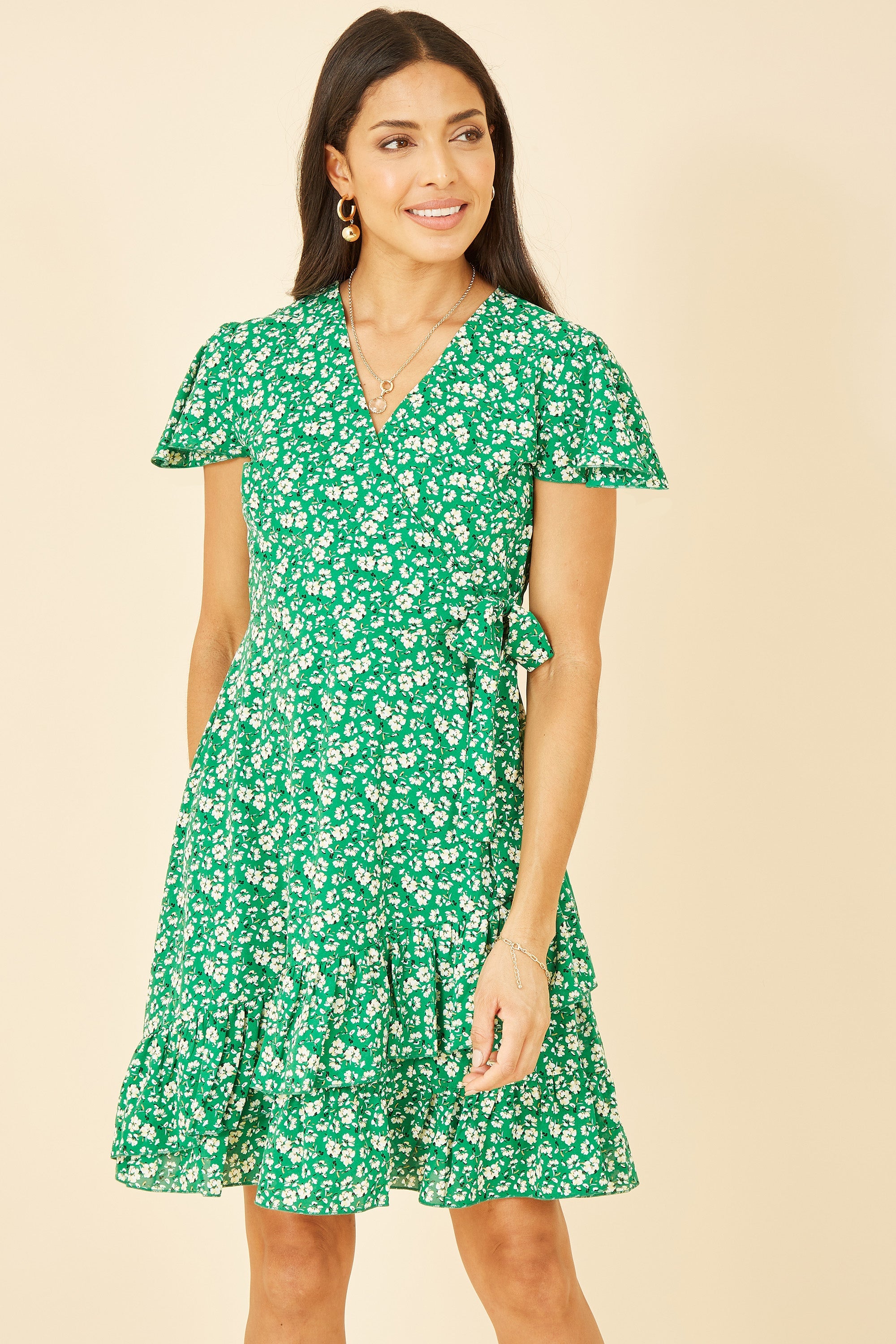 Mela London Green Ditsy Floral Wrap Dress Frill Hem Tea Summer UK 6-28