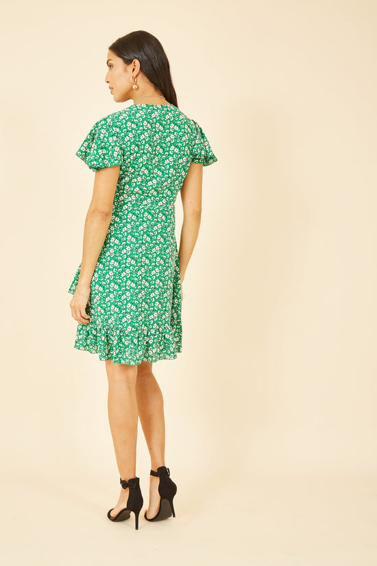 Yumi Green Ditsy Floral Wrap Frill Dress - QHA UK