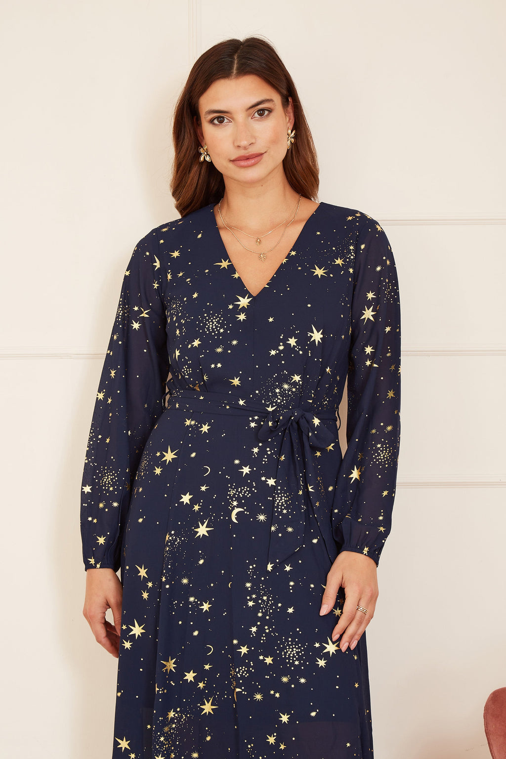 Mela Navy Foil Star Print Long Sleeve Midi - QHA UK