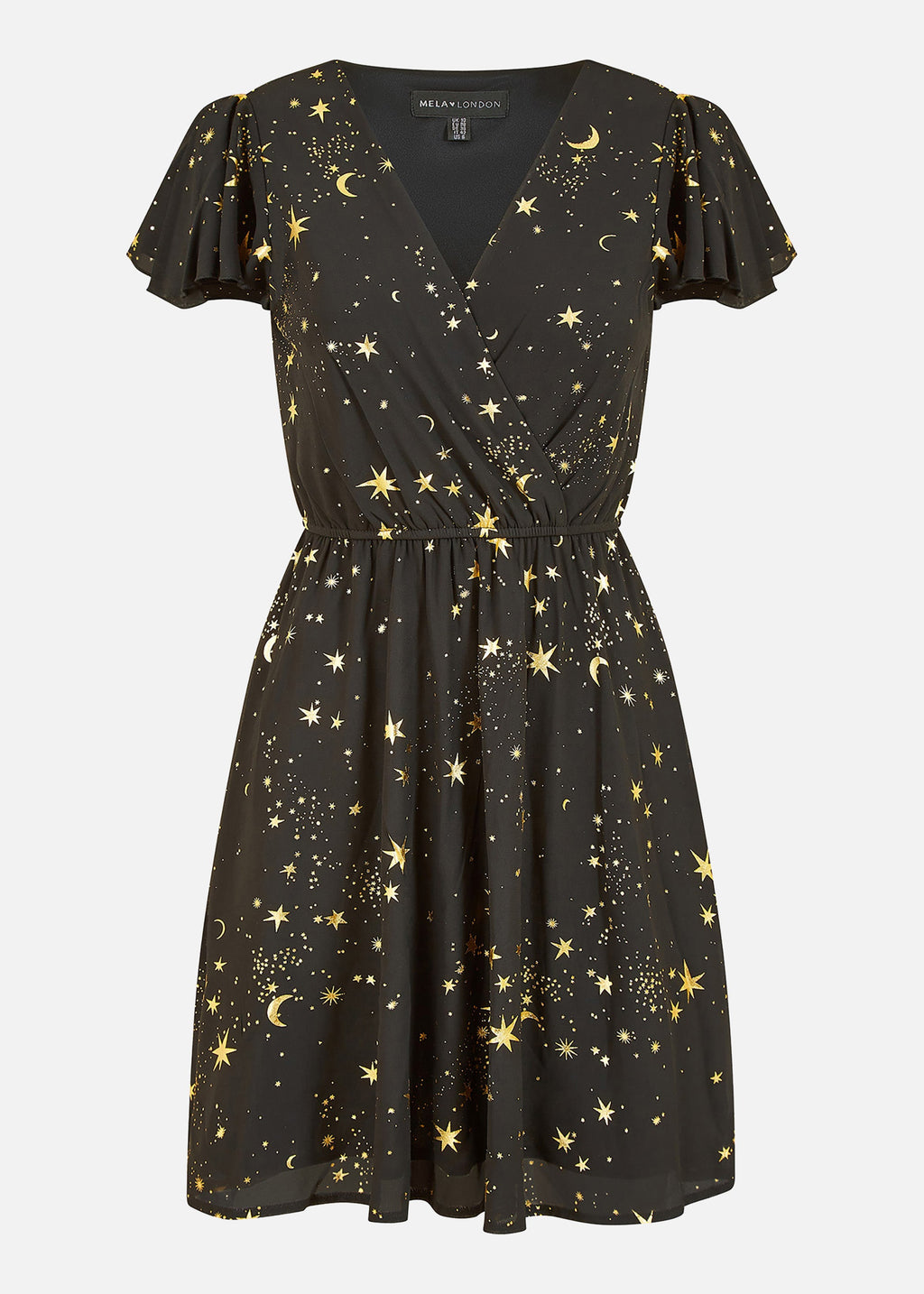 Mela Black Foil Star Print Wrap Skater Dress - QHA UK