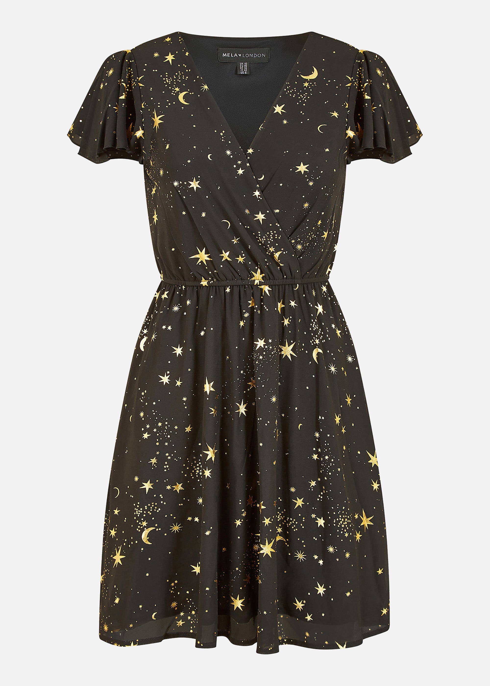 Mela Black Foil Star Print Wrap Skater Dress - QHA UK