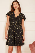 Mela Black Foil Star Print Wrap Skater Dress - QHA UK