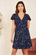 Mela Navy Foil Star Print Wrap Skater Dress - QHA UK