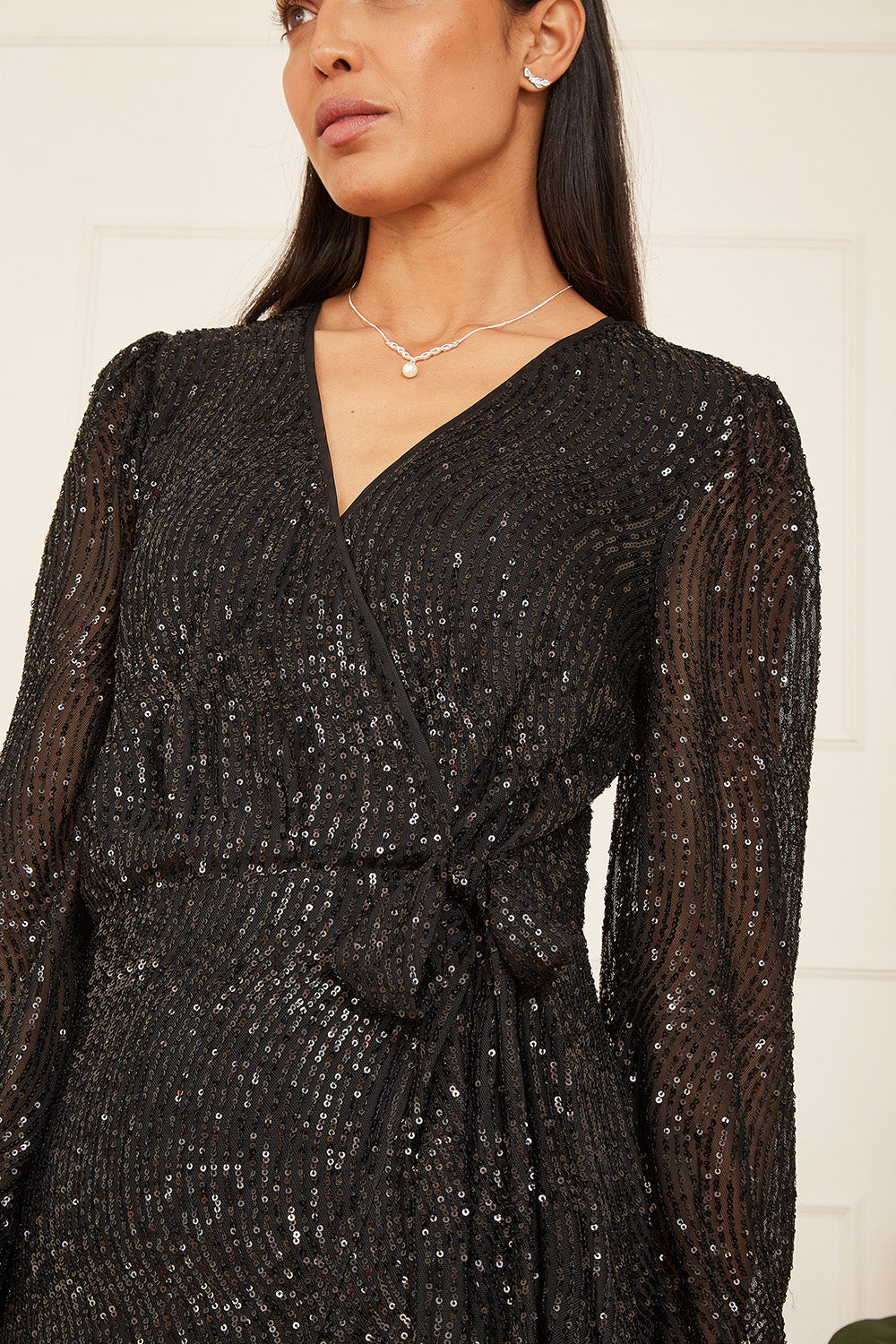 Mela Black Sequin Long Sleeve Frill Wrap Dress - QHA UK