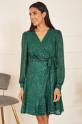 Mela Green Sequin Long Sleeve Frill Wrap Dress - QHA UK