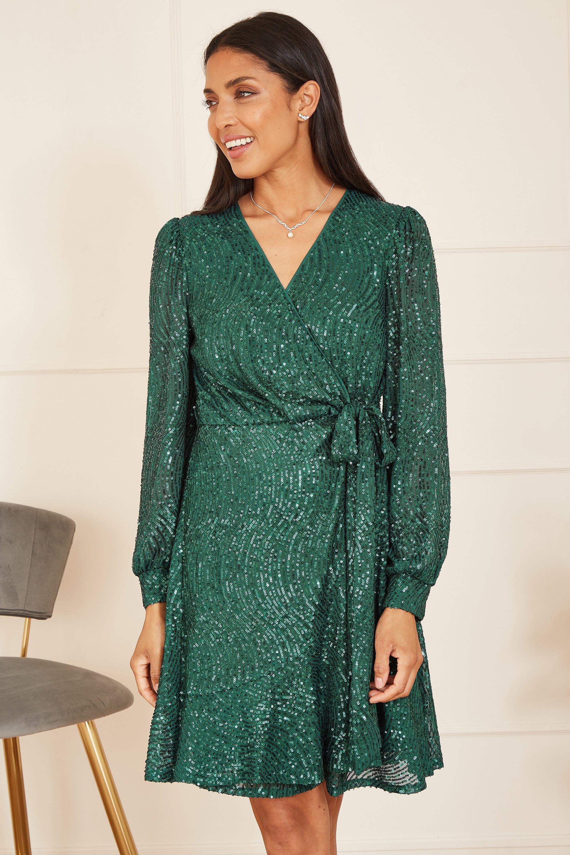 Mela Green Sequin Long Sleeve Frill Wrap Dress - QHA UK