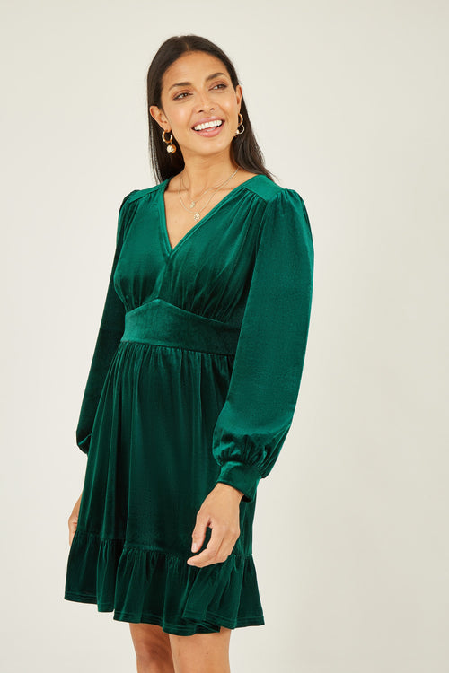 Mela Green Velvet Long Sleeve Skater Dress - QHA UK