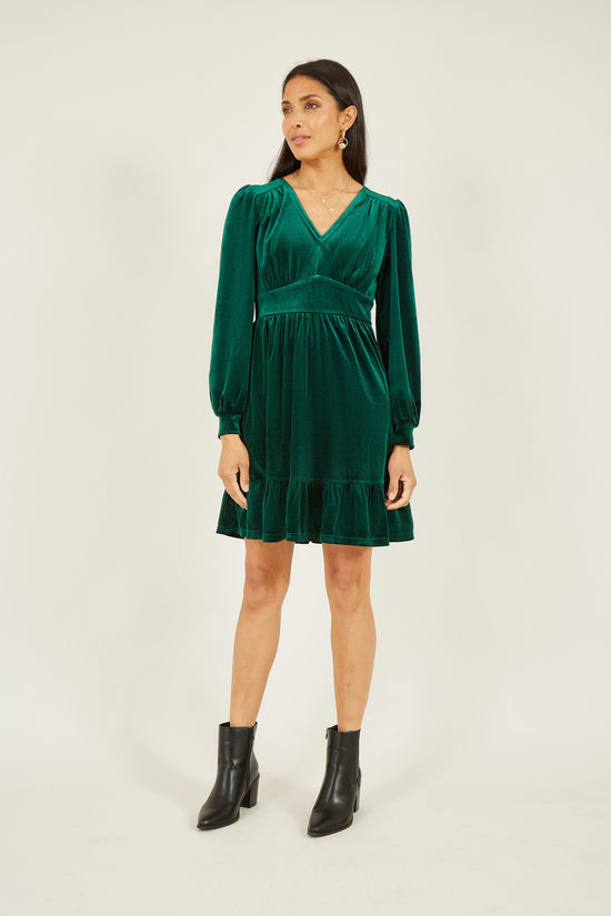 Yumi Green Velvet Long Sleeve Skater Dress - QHA UK