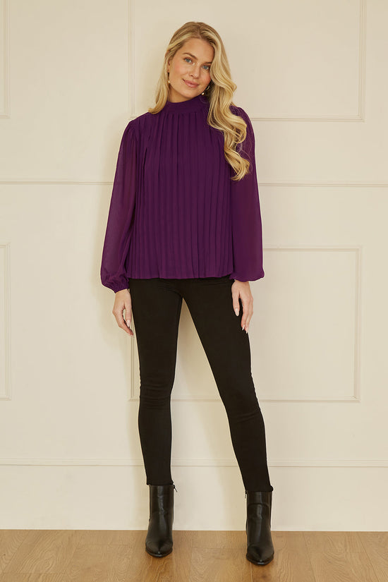 Yumi Plum Pleated Long Sleeve Top With High Neck - QHA UK