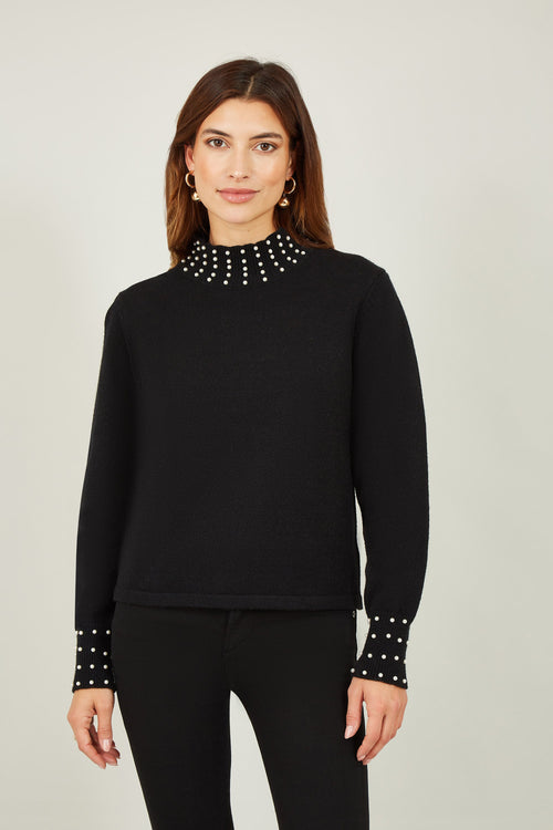 Mela Black Pearl Detail High Neck Jumper - QHA UK