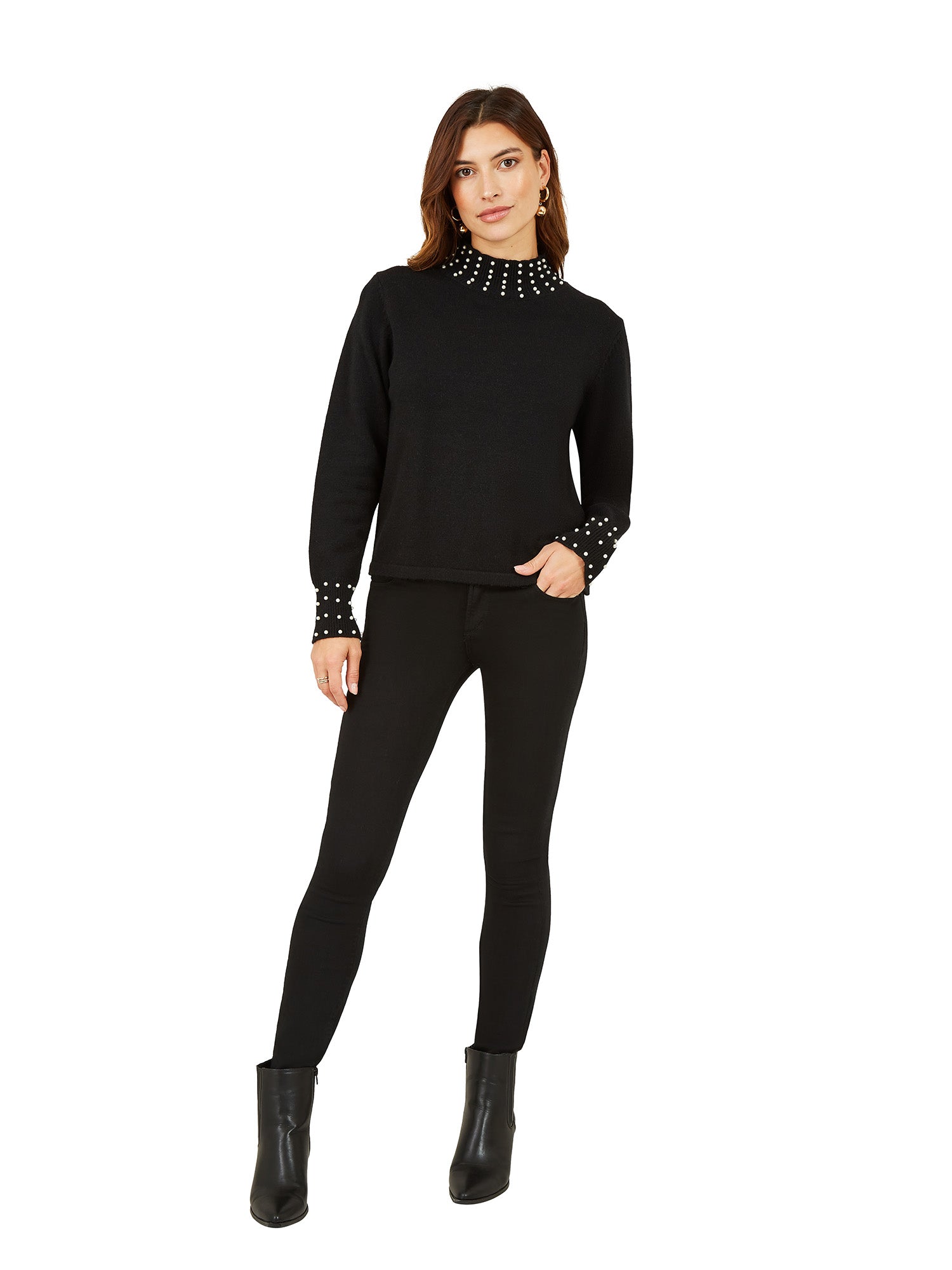Mela Black Pearl Detail High Neck Jumper