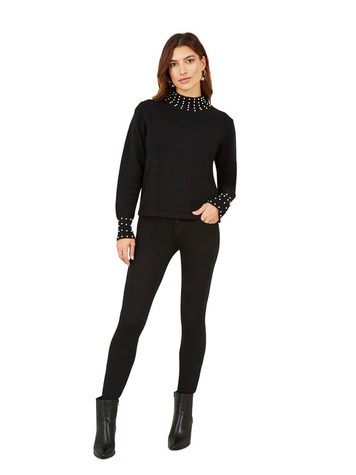 Mela Black Pearl Detail High Neck Jumper - QHA UK