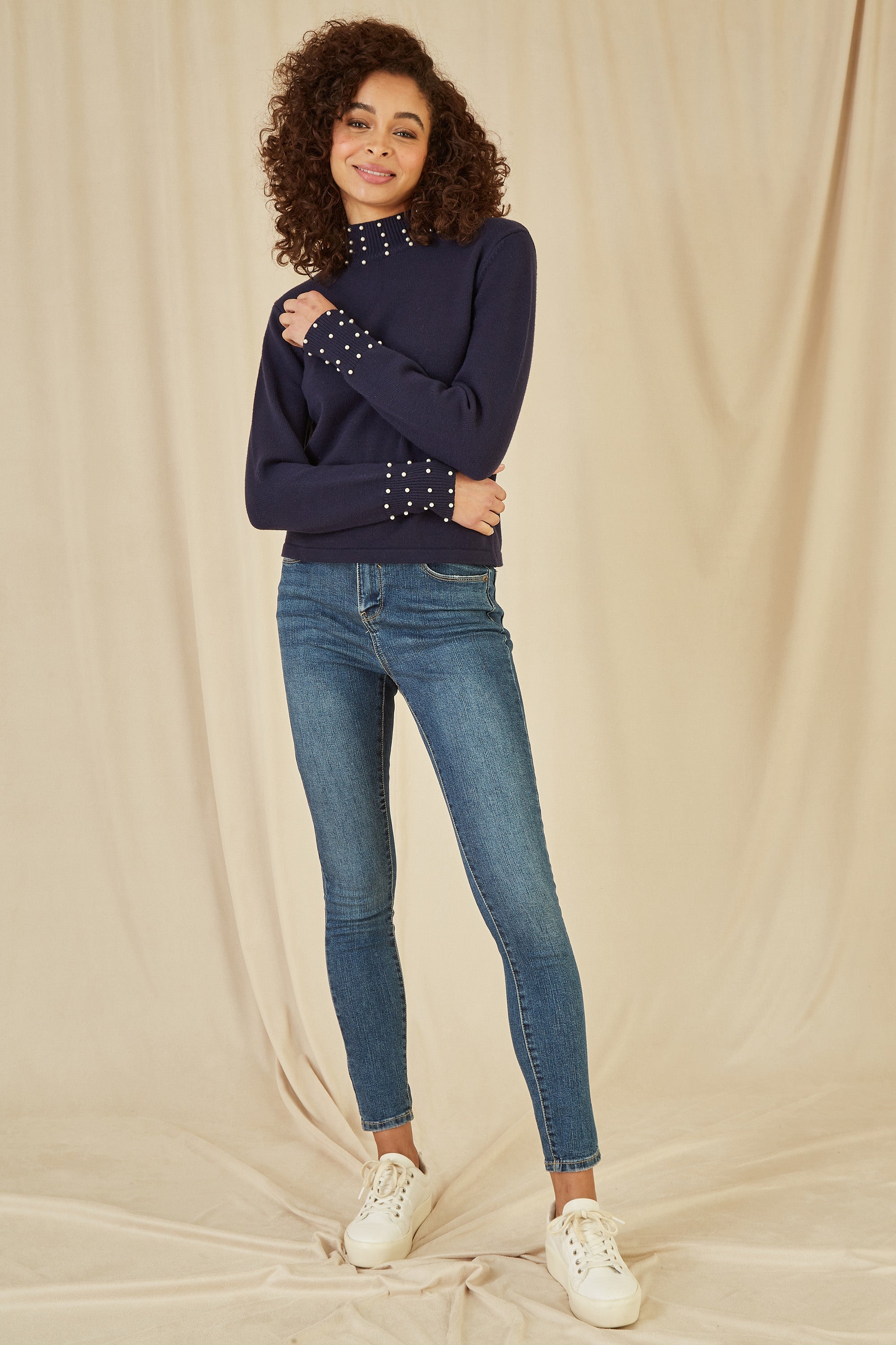 Mela Navy Pearl Detail High Neck Jumper - QHA UK