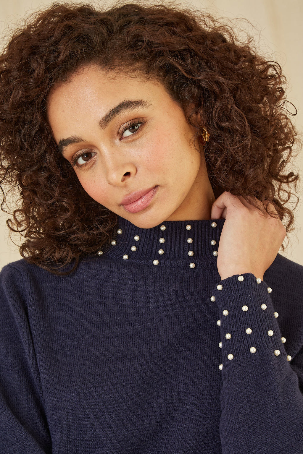 Mela Navy Pearl Detail High Neck Jumper - QHA UK