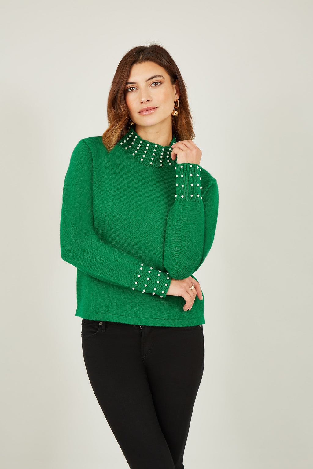 Mela Green Pearl Detail High Neck Jumper - QHA UK