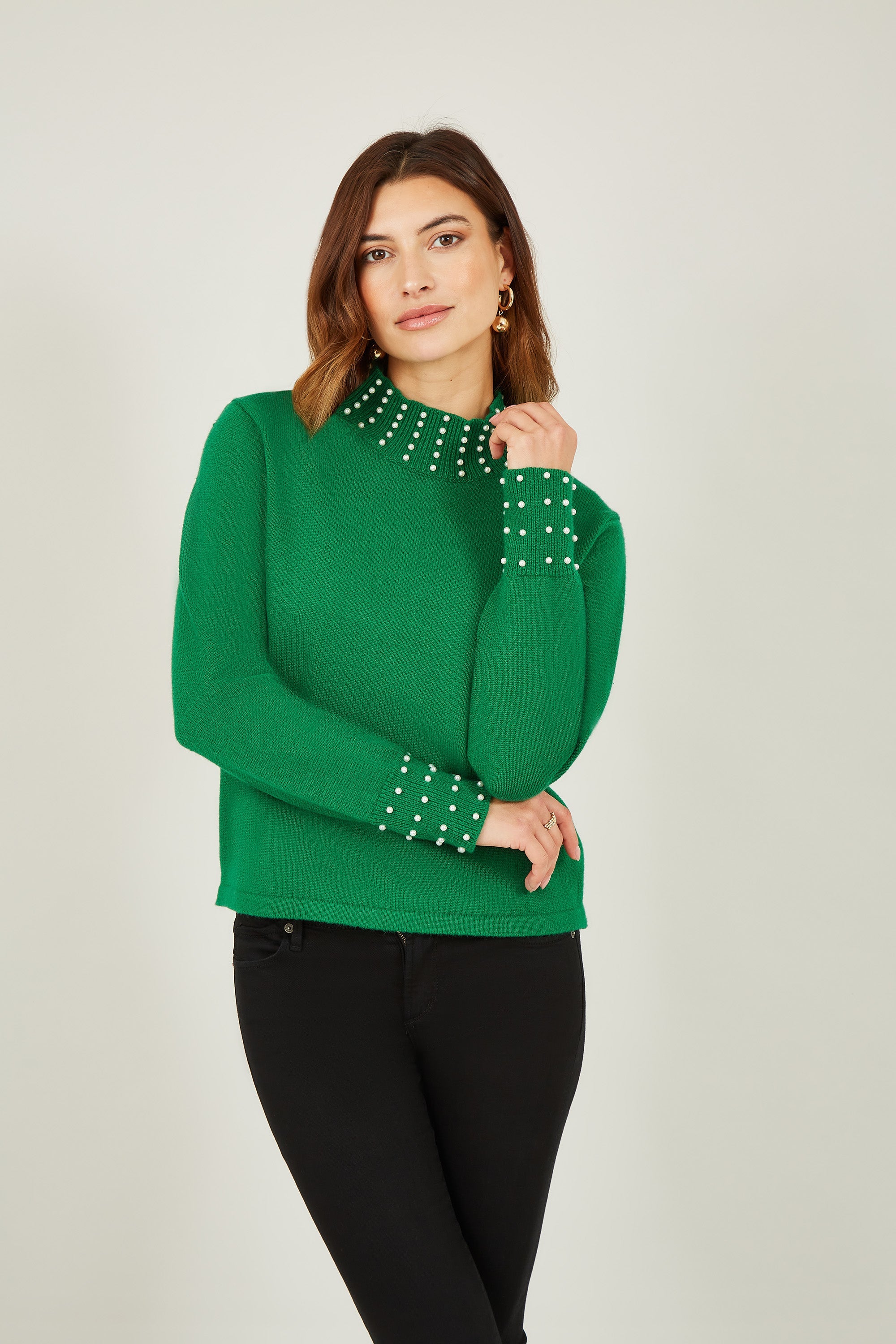 Mela Green Pearl Detail High Neck Jumper - QHA UK