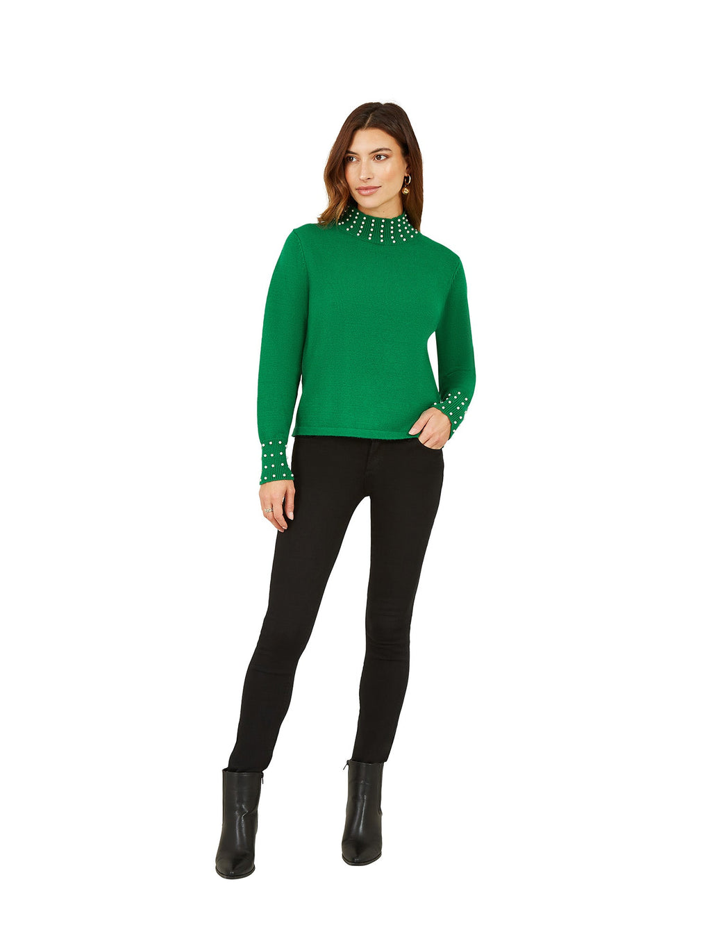 Mela Green Pearl Detail High Neck Jumper - QHA UK