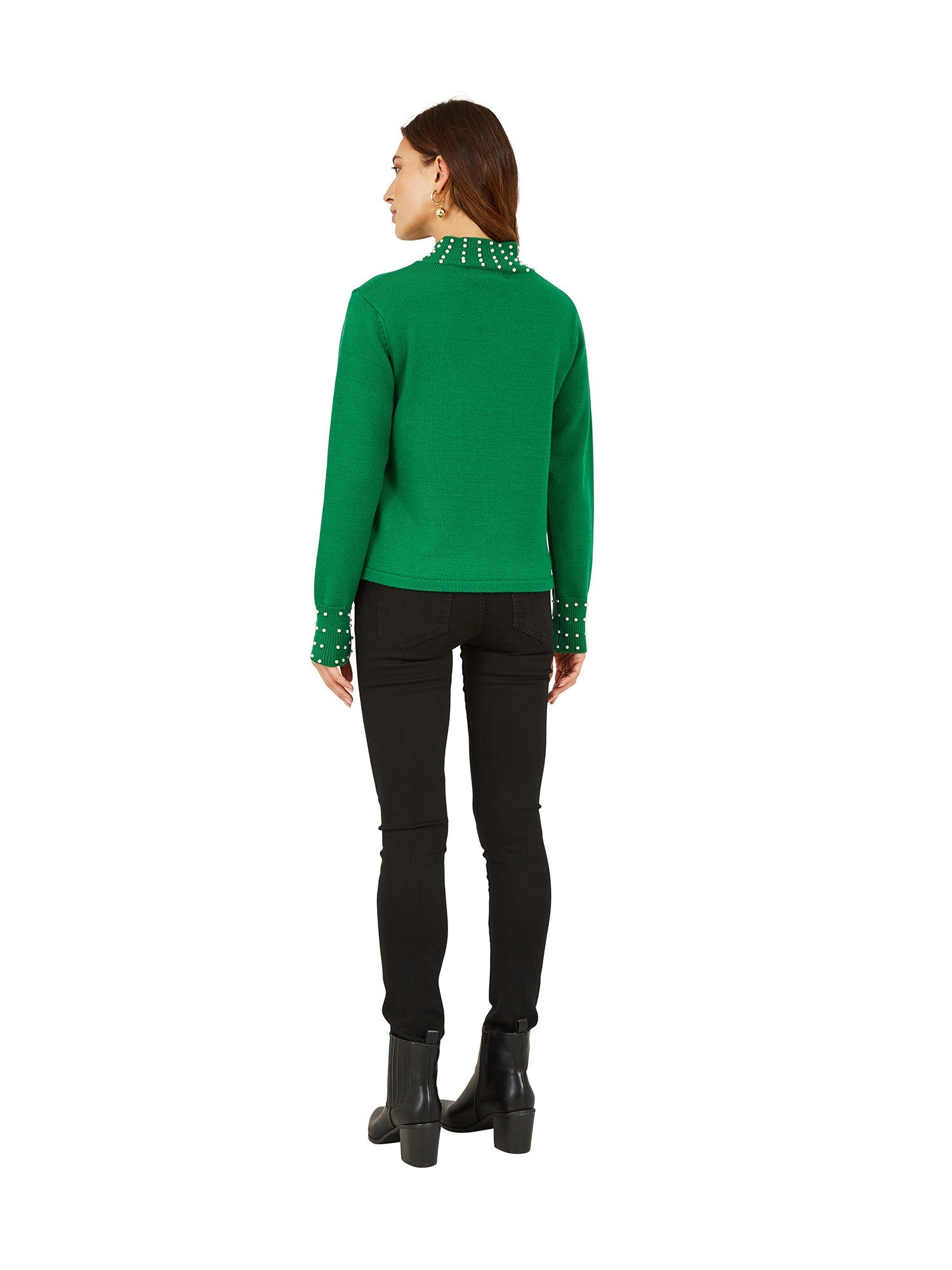 Mela Green Pearl Detail High Neck Jumper - QHA UK